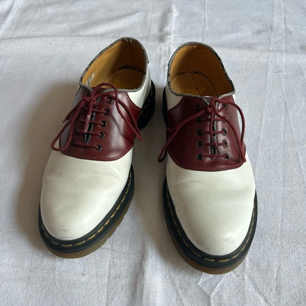 Dr. Martens | White and Burgundy Oxford Style Lace Up Shoes - Picture 2 of 16